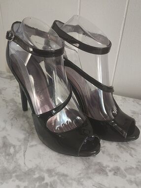 Audrey Brooke Black Patent Peep-Toe Ankle-Strap Heels